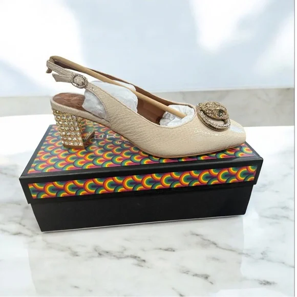 Cream Slingback Heels with Embellished Block Heel - Picture 9 of 10